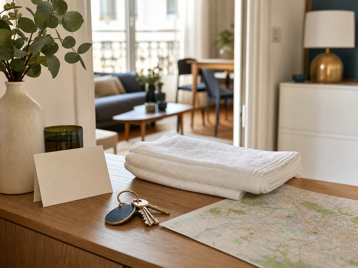 Clés, linge préparé et carte locale dans un logement accueilli par Sir Destination